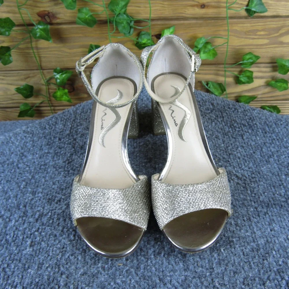 Nina Gold Glitter Block Heel Sandals‎ Women's Size 6 Open Toe Ankle Strap Heels